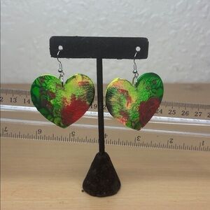 Hand-Painted Green and Red Heart Drop Earrings - Women Jewelry